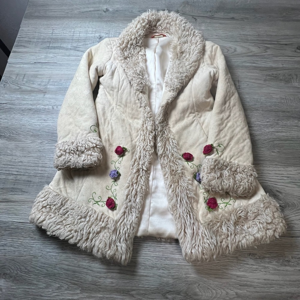 Kate Mack Coat Women L Ivory Faux Suede Fur Trim Floral Embroidered Penny Lane